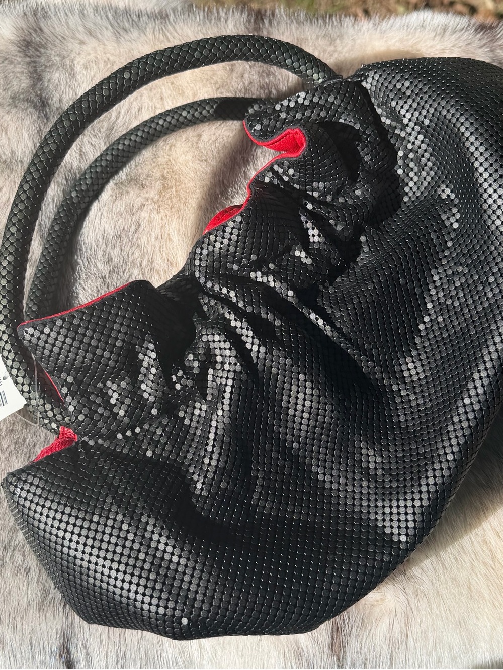 NWT Whiting & Davis Black Mesh Satchel Bag with Red Trim Accent